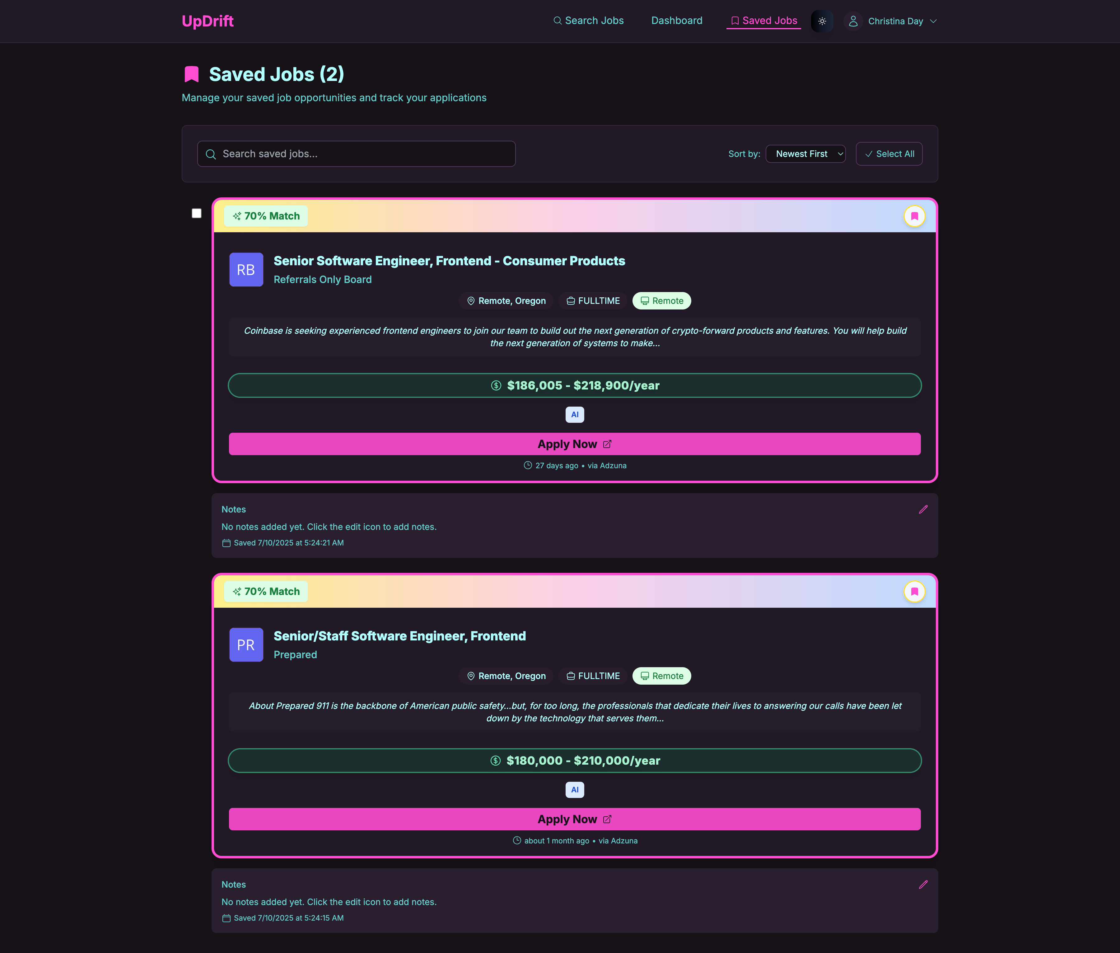 UpDrift saved jobs interface with status tracking